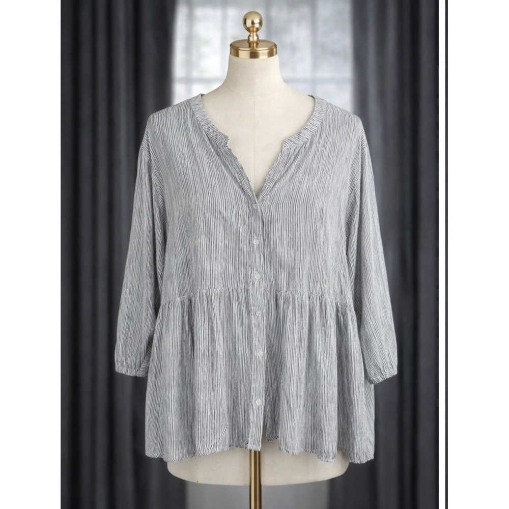 Cynthia Rowley Popover Top Flowy Hi Low‎ Hem Beachy White Black Striped 1X